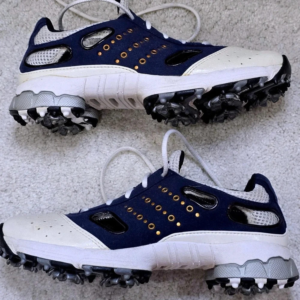 Adidas Traxion Womens Size 5.5 Golf Shoes Navy‎ White Gold Accents Spikes